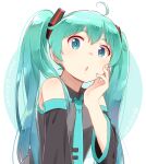  1girl :o ahoge bare_shoulders blue_eyes blue_hair blue_nails commentary detached_sleeves hatsune_miku long_hair looking_at_viewer nagian nail_polish necktie open_mouth shiny_skin simple_background twintails upper_body vocaloid 