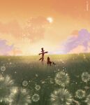  1other artist_name bow clouds dandelion english_commentary field flower grass hat orange_sky original outdoors red_bow reinforced scarecrow sky sun top_hat 