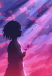  1girl absurdres bird clouds cloudy_sky flower highres holding holding_flower light light_rays looking_to_the_side original outdoors pink_flower pink_sky purple_sky scenery shadow short_hair signature sketch sky skyrick9413 solo standing upper_body 