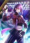  1boy absurdres androgynous ayase_mayoi black_gloves black_pants black_shirt blue_eyes blush crop_top ensemble_stars! fingerless_gloves gloves headset highres jacket long_hair long_sleeves looking_at_viewer male_focus mole mole_under_mouth open_mouth pants podo_mayo purple_hair red_jacket sharp_teeth shirt sleeveless sleeveless_shirt smile solo teeth turtleneck 