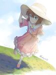  1girl alternate_costume arm_behind_back arm_up artist_name astrayin bangs brown_shirt closed_mouth dated day dress frilled_dress frills grass haibara_ai hair_between_eyes hat highres looking_at_viewer meitantei_conan outdoors pink_dress pink_footwear shirt shoes short_hair solo star_(symbol) star_print sun_hat white_bag 