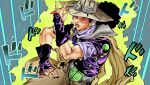  1boy araki_hirohiko_(style) artist_request belt black_hair cosplay crossover eyelashes facial_hair gyro_zeppeli gyro_zeppeli_(cosplay) hat headphones highres jojo_no_kimyou_na_bouken long_nose looking_at_viewer medium_hair one_piece ponytail purple_shirt serious shirt solo source_request steel_ball_run trait_connection usopp 