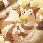  ;3 blue_eyes chestnut closed_mouth fluffy food food_on_face furret highres holding holding_food looking_at_viewer lying no_humans on_back one_eye_closed pokemon pokemon_(creature) sasabunecafe smile sweets tail tongue tongue_out twitter_username 