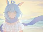  1girl ahoge animal_ears blue_hair blue_scarf closed_mouth light_blue_hair looking_at_viewer mel6969 ocean off-shoulder_shirt off_shoulder rabbit_ears rabbit_girl scarf shirt short_hair short_sleeves show_by_rock!! smile solo sunset uiui_(show_by_rock!!) white_shirt 