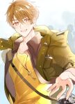  1boy :d bangs brown_eyes brown_hair camera green_jacket h_haluhalu415 highres jacket jewelry key luke_pearce_(tears_of_themis) male_focus necklace open_mouth shirt short_hair smile solo tears_of_themis upper_body yellow_shirt 