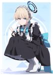  1girl aoi_suzu black_gloves blonde_hair blue_archive blue_eyes boots double_v expressionless fingerless_gloves gloves halo hat hetero highres looking_at_viewer maid mob_cap neck_ribbon ribbon solo squatting toki_(blue_archive) v 