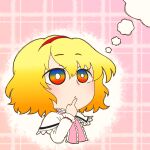  1girl alice_margatroid blonde_hair chibi finger_to_mouth hairband long_sleeves looking_away multicolored_eyes red_hairband short_hair solo takitate_(is2c5) thought_bubble touhou 
