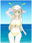  1girl bare_shoulders blue_archive breasts green_eyes green_hair halo hand_on_headwear highres katsuhiko_(bone_hiko) large_breasts large_hat looking_at_viewer nonomi_(blue_archive) nonomi_(swimsuit)_(blue_archive) ocean thighs white_headwear 