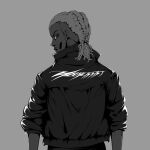  1boy closed_mouth dark-skinned_male dark_skin dreadlocks from_behind highres jacket keeeey looking_at_viewer looking_back male_focus monochrome playboi_carti real_life short_hair solo turning_head upper_body 