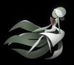  1girl bangs black_background bob_cut closed_eyes colored_skin commentary flat_chest full_body gardevoir green_hair green_skin hair_between_eyes highres invisible_chair leaning_back legs long_legs lotosu multicolored_skin open_mouth pokemon pokemon_(creature) short_hair simple_background sitting solo two-tone_skin u_u white_skin 