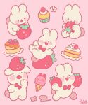  :3 :o blush_stickers bow bowtie chibi commentary cream cupcake eating english_commentary flower food food_focus fruit full_body happy highres holding holding_food holding_fruit ice_cream ice_cream_cone jinglebunns no_humans open_mouth original pink_background pink_bow pink_bowtie pink_flower pink_theme rabbit signature simple_background smile strawberry teeth upper_teeth_only white_rabbit_(animal) 