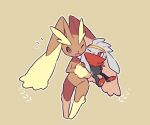  ;d blush brown_background carrying commentary lopunny notice_lines one_eye_closed open_mouth outline oyul_o pink_eyes pokemon pokemon_(creature) raboot red_eyes simple_background smile sweatdrop 