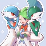  1boy ;d alternate_color bangs bow bowtie buttons coat commentary ffccll gallade gardevoir green_hair grey_background grey_eyes male_focus official_alternate_costume one_eye_closed open_mouth orange_bow orange_bowtie outline pokemon pokemon_(game) pokemon_masters_ex shiny_pokemon short_hair shorts smile sparkle swept_bangs tongue wally_(pokemon) wally_(sygna_suit)_(pokemon) white_coat white_shorts 