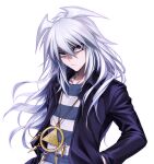  1boy black_jacket blue_shirt chimachi closed_mouth hair_between_eyes hands_in_pockets jacket long_hair looking_at_viewer male_focus millennium_ring shirt simple_background solo striped striped_shirt upper_body violet_eyes white_background white_hair yami_bakura yu-gi-oh! yu-gi-oh!_duel_monsters 