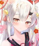  1girl bell blurry blurry_foreground blush cherry_blossoms close-up double_bun hair_bell hair_bun hair_ornament highres himechi hololive horns looking_at_viewer multicolored_hair nakiri_ayame oni_horns red_eyes redhead simple_background solo streaked_hair virtual_youtuber white_background white_hair 