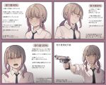  1girl :t bangs black_nails black_necktie blunt_bangs brown_eyes brown_hair closed_mouth collared_shirt commentary_request dress_shirt ear_piercing earrings gradient_hair gun hair_over_shoulder half-closed_eyes highres holding holding_gun holding_weapon jewelry long_hair long_sleeves low_twintails multicolored_hair nail_polish necktie open_mouth original piercing pink_hair shirt stud_earrings translation_request tsuruse twintails v-shaped_eyebrows weapon weapon_request white_shirt 