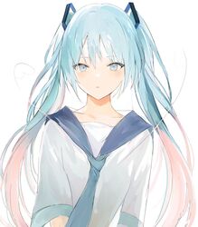  1girl aqua_eyes aqua_hair bangs blue_eyes blush green_hair hatsune_miku headphones long_hair looking_at_viewer lpip necktie shirt solo twintails very_long_hair vocaloid 