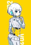  1girl bangs blue_eyes blush chibikki colored_skin from_behind hand_up highres joints looking_to_the_side mechanical_arms nude open_mouth original robot_ears robot_girl robot_joints simple_background translucent_skin white_hair white_skin wire yellow_background 