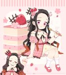 1girl :q absurdres alternate_costume bare_shoulders black_hair braid cake closed_eyes closed_mouth dress earrings food forehead fruit fruit_hair_ornament hair_ribbon highres jewelry kamado_nezuko kimetsu_no_yaiba long_hair looking_at_viewer multicolored_hair orange_hair pink_dress pink_eyes pink_footwear pink_ribbon pori_(kmt_pori) ribbon shoes smile strawberry strawberry_cake thigh-highs tongue tongue_out very_long_hair white_thighhighs 
