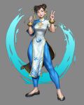  1girl absurdres black_footwear blue_pants brown_eyes brown_hair chinese_clothes chun-li double_bun earrings grey_skirt hair_bun highres jewelry lawrencehong pants short_hair simple_background skirt slippers street_fighter v 