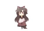  1girl animal_ear_fluff animal_ears bangs black_hair black_pantyhose blush brown_skirt chibi commentary_request frilled_skirt frills full_body hair_between_eyes highres imaizumi_kagerou long_hair long_sleeves looking_at_viewer no_shoes pantyhose parted_bangs parted_lips ponytail red_eyes shirt simple_background skirt solo standing tail totoharu_(kujirai_minato) touhou very_long_hair white_background white_shirt wolf_ears wolf_girl wolf_tail 