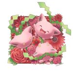  arms_up closed_eyes closed_mouth flower highres hoppip leaf lying no_humans on_stomach open_mouth parted_lips pokemon pokemon_(creature) red_flower sasabunecafe smile standing tail twitter_username yellow_eyes 
