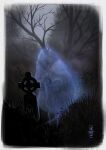  1girl absurdres border celtic_cross cross ghost grave highres inktooth night original outdoors signature tombstone tree white_border 