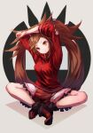 1girl brown_eyes brown_hair guilty_gear guilty_gear_xrd hair_ornament hair_ring hairpin indian_style kuradoberi_jam light_smile long_hair looking_at_viewer online_neet red_sweater shoes sitting skirt solo stretching sweater twintails very_long_hair