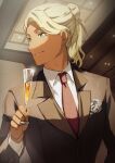  1boy aqua_eyes bangs black_jacket black_suit blonde_hair collared_shirt cup dark-skinned_male dark_skin formal gundam gundam_suisei_no_majo hair_behind_ear hair_bun highres holding holding_cup indoors jacket lapel_pin long_hair looking_to_the_side male_focus necktie ponytail red_necktie shaddiq_zenelli shirt single_hair_bun smile solo suit suit_jacket swept_bangs teria_(teriarian) upper_body white_shirt 