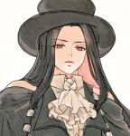  1other androgynous ascot bare_shoulders black_hair black_headwear colored_inner_hair ebi_pri_shrimp guilty_gear guilty_gear_strive hat long_hair looking_at_viewer multicolored_hair other_focus pink_hair red_eyes testament_(guilty_gear) top_hat white_ascot 
