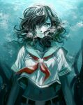 1girl aqua_eyes bangs black_hair commentary_request highres kuya_(hey36253625) looking_at_viewer medium_hair murasa_minamitsu neckerchief open_mouth red_neckerchief sailor_collar sailor_shirt shirt short_sleeves shorts solo straight-on touhou underwater upper_body water white_shirt 