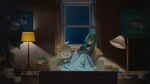  1girl black_shirt blanket blonde_hair book book_stack bow character_doll closed_eyes commentary couch cushion green_hair gumi hair_bow highres indoors kagamine_rin lamp medium_hair night plant potted_plant screen_light shirt sleeping solo table television vocaloid white_bow window wounds404 