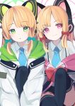  1girl 2girls :3 :o absurdres animal_ear_headphones animal_ears bangs black_thighhighs blonde_hair blue_archive blue_necktie blunt_bangs blush bow cat_ear_headphones collared_shirt fake_animal_ears flat_chest green_bow green_eyes hair_bow halo head_tilt headphones highres hood hooded_jacket hoodie jacket knee_up light_blush looking_at_viewer low_tied_sidelocks midori_(blue_archive) momoi_(blue_archive) multicolored_clothes multicolored_jacket multiple_girls necktie off_shoulder open_mouth parted_bangs pink_eyes pleated_skirt rotroto shirt siblings sidelocks simple_background sisters skirt smile suspenders thigh-highs thighs tsurime twins white_background white_shirt 