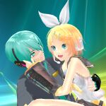 1boy 1girl blonde_hair blue_eyes couple female hatsune_mikuo kagamine_rin male teal_hair vocaloid