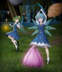  bat_(animal) bee blue_eyes blue_hair bug cirno daiyousei fairy_wings falling_boulder grass green_eyes green_hair grummsed holding holding_pickaxe ice ice_wings imminent_death pickaxe plantera terraria torch touhou turtle underground water waterfall wings 