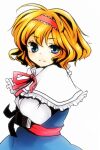  1girl alice_margatroid bangs blonde_hair blue_eyes blush book hairband holding holding_book long_sleeves looking_at_viewer short_hair shou-chan simple_background solo touhou white_background 