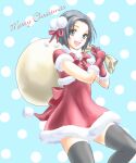  1girl :d avatar_(ff11) back_bow black_thighhighs bow bowtie christmas dress final_fantasy final_fantasy_xi fur-trimmed_dress fur-trimmed_sleeves fur_trim gloves grey_eyes grey_hair hair_ribbon holding holding_sack hume light_blue_background looking_at_viewer merry_christmas open_mouth over_shoulder polka_dot polka_dot_background pom_pom_(clothes) red_bow red_bowtie red_dress red_ribbon ribbon sack sakutsuki santa_dress short_sleeves smile solo thigh-highs zettai_ryouiki 