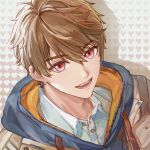  1boy :d bangs brown_eyes brown_hair brown_jacket collared_shirt heart highres jacket looking_at_viewer luke_pearce_(tears_of_themis) male_focus open_mouth shirt short_hair smile solo tears_of_themis upper_body white_background white_shirt yosso_oa 