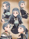  5girls absurdres alternate_costume alternate_hair_length alternate_hairstyle black_dress black_ribbon blue_dress blue_hair blush braid brown_eyes capelet closed_mouth collarbone commentary_request cropped_torso crown_braid dress fire_emblem fire_emblem:_three_houses forehead hair_ribbon highres long_hair looking_at_viewer looking_away marianne_von_edmund miran_(olivine_20) multiple_girls multiple_persona ponytail ribbon short_hair sidelocks smile two-tone_dress 
