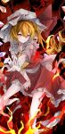  1girl :&gt; ascot back_bow between_legs blonde_hair blush bow collared_shirt crystal fire flandre_scarlet frilled_shirt_collar frilled_skirt frills hand_between_legs hat hat_ribbon highres laevatein_(touhou) looking_at_viewer mob_cap one_side_up outstretched_arm oversized_hat pink_eyes red_ribbon red_skirt red_vest ribbon shirt short_hair skirt skirt_set smile touhou vest vivo_(vivo_sun_0222) white_bow white_headwear white_shirt wings yellow_ascot 