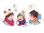  3boys all_might animal_hat black_headwear blue_eyes blue_hair boku_no_hero_academia burn_scar closed_mouth commentary english_commentary freckles glasses green_eyes green_hair hair_between_eyes hat heterochromia iida_tenya looking_at_another male_focus midoriya_izuku multicolored_clothes multicolored_hair multicolored_scarf multiple_boys open_mouth portrait rabbit red_eyes red_scarf redhead scar scar_on_face scarf school_uniform short_hair shrimp simple_background smile speech_bubble thatmightyheart thought_bubble todoroki_shouto two-tone_hair u.a._school_uniform white_background white_hair 