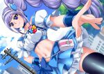 1girl aono_miki bandeau black_thighhighs blue_choker blue_skirt breasts building choker clouds clover cure_berry day fresh_precure! frills hairband highres house long_hair medium_breasts navel outdoors pouch power_lines precure purple_hair road short_sleeves skirt sky solo street thigh-highs town utility_pole very_long_hair violet_eyes wavelevel5