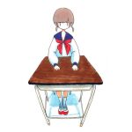  1girl bangs blue_sailor_collar brown_hair desk legs_together long_sleeves looking_at_viewer low_twintails neckerchief original red_neckerchief sailor_collar sailor_shirt school_desk school_uniform serafuku shirt shoes short_hair short_twintails simple_background sitting socks solo straight-on tokunaga_aoi traditional_media twintails uwabaki white_background white_shirt white_socks 