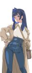  1girl bag blue_eyes blue_hair breasts colored_inner_hair denim handbag highres hololive hololive_english jacket jeans kannana large_breasts long_hair looking_at_viewer multicolored_hair official_alternate_costume open_clothes open_jacket ouro_kronii pants tagme virtual_youtuber 