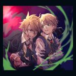  2boys ascot black_ascot black_border black_gloves black_jacket blonde_hair border brooch collared_shirt dual_persona evil_smile eye_contact fate/grand_order fate_(series) frown gloves green_eyes grey_vest hair_between_eyes hand_on_own_arm hand_up hiro_(hirohiro_gorira) jacket jacket_on_shoulders jekyll_and_hyde_(fate) jewelry looking_at_another looking_back male_focus multiple_boys open_clothes open_collar open_hand open_vest parted_lips red_background red_eyes shirt short_hair smile teeth tongue tongue_out upper_body vest white_shirt 