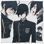  1boy ahoge bangs black_hair black_headwear border breast_pocket buttons crying danganronpa_(series) danganronpa_v3:_killing_harmony double-breasted grey_background hand_up highres male_focus multiple_views open_mouth pocket profile saihara_shuuichi short_hair sweat tears tuzuriya white_border 