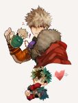  ! 2boys absurdres arrow_through_heart bakugou_katsuki blonde_hair boku_no_hero_academia cape commentary covering_mouth creature crepe dynamy_(boku_no_hero_academia) food gloves green_eyes green_hair heart heart-shaped_pupils highres holding holding_creature holding_food holding_jewelry holding_necklace jackeelart jewelry looking_at_viewer male_focus midoriya_izuku multiple_boys necklace official_alternate_costume pelt red_cape red_eyes red_gloves short_hair simple_background spanish_commentary spiky_hair symbol-shaped_pupils upper_body white_background 