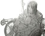  1boy amputee boots eren_yeager eyepatch filame_(filamen0112) greyscale half-closed_eyes highres intravenous_drip long_hair monochrome official_alternate_costume on_chair shingeki_no_kyojin solo spoilers wheelchair 