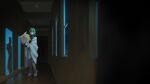 1girl black_shirt blanket blonde_hair bow character_doll commentary doll green_eyes green_hair gumi hair_bow hallway highres holding holding_doll indoors kagamine_rin lonely medium_hair night shadow shirt solo standing vocaloid white_bow window wounds404 
