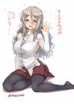  1girl armpits between_breasts blush breasts brown_eyes drink grey_hair kantai_collection long_hair long_sleeves looking_at_viewer medium_breasts miniskirt open_mouth pantyhose pola_(kancolle) red_skirt salute shirt sitting skirt smile solo takase_muh wavy_hair white_background white_shirt 